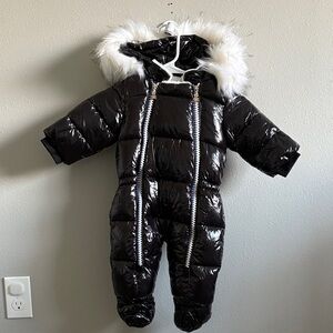 NWOT - Black Puffer Snowsuit with Faux Fur Hood + mittens